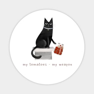 Cartoon black cat throwing off a jar of tomatoes with the inscription "My tomatoes - my weapon." Magnet